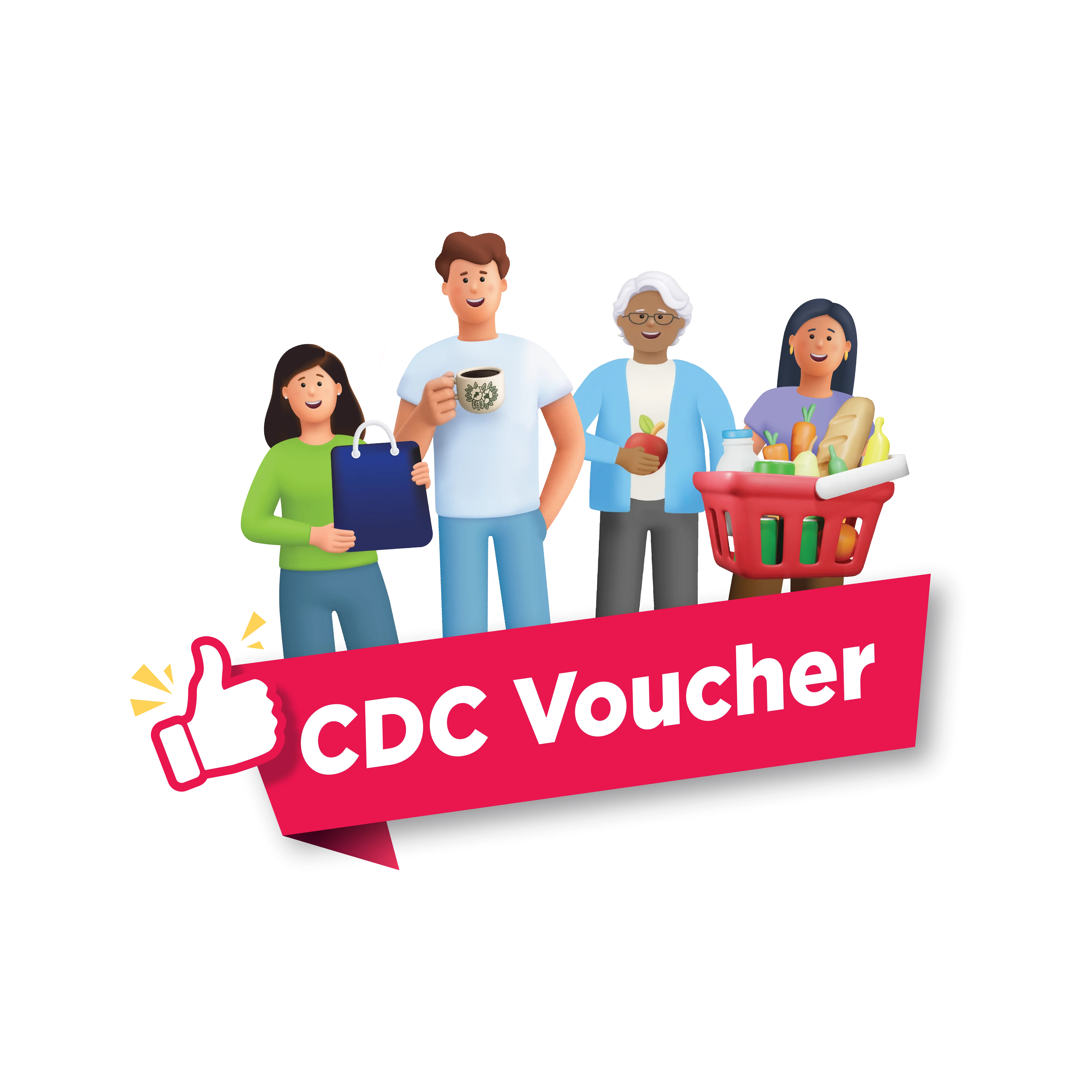 CDC Voucher logo featuring a red ribbon with a thumbs-up icon and the text "CDC Voucher", backed by an illustration of four diverse people holding a clipboard, coffee, an apple, and a basket of groceries.